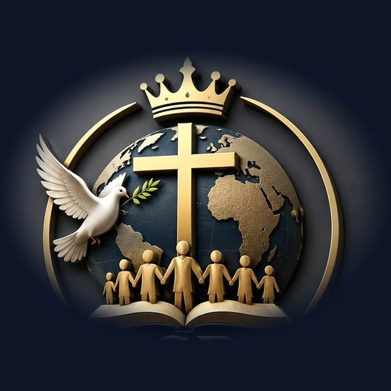 Kingdom Discipleship Ministry logo: crown, globe, cross, dove, and disciples over an open Bible